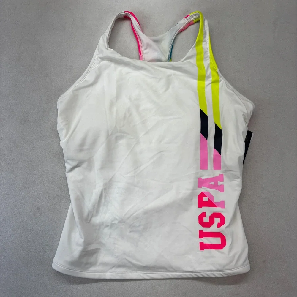 U.S. Polo Assn. Tankini Top Kids Size L 11-13 White Neon Hype Stripe‎ USPA21400T